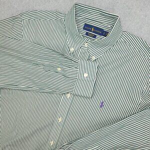Ralph Lauren Men's Green White Stripe Button Down Shirt Stretch Cotton Size L